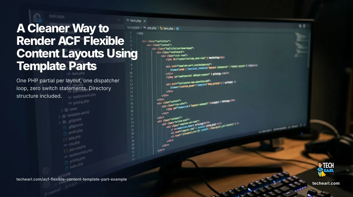 ACF Flexible Content Template Parts Pattern (Agency-Scale) Clean template-parts pattern for ACF Flexible Content. One partial per layout, one dispatcher loop, zero switch statements. Directory structure included.