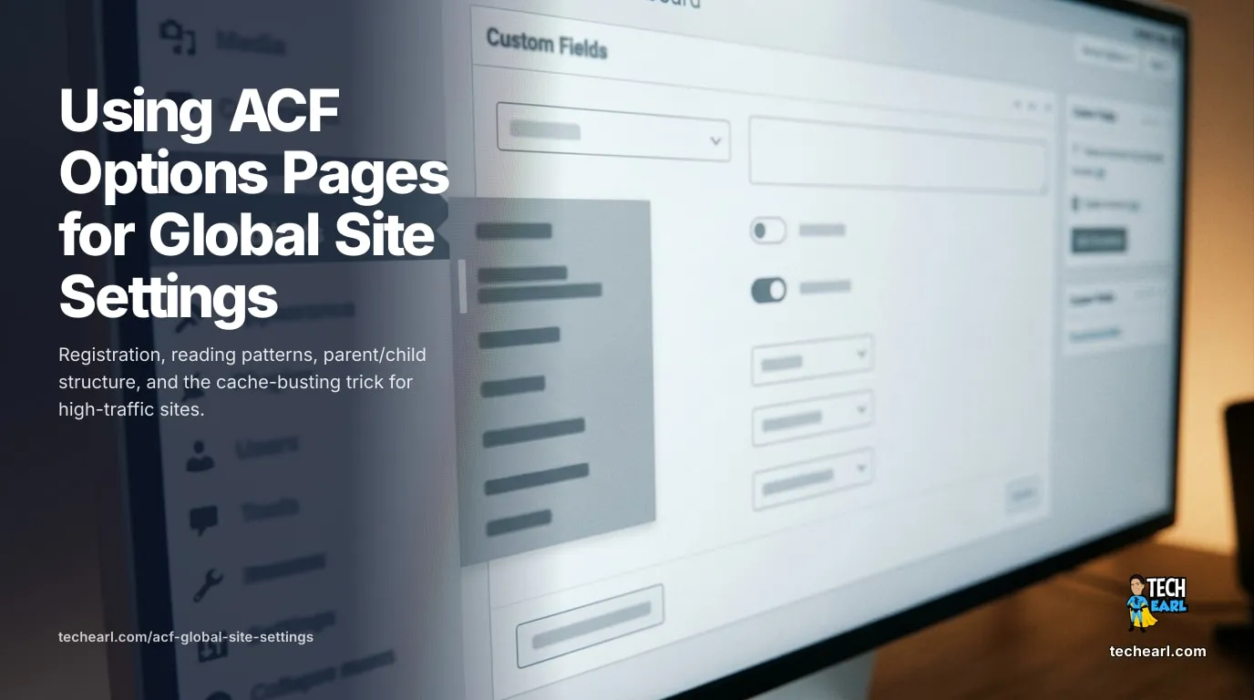Using ACF Options Pages for Global Site Settings (2026) ACF Options Pages for site-wide settings: header CTAs, footer links, social profiles. Registration, reading patterns, parent/child structure, cache strategy.