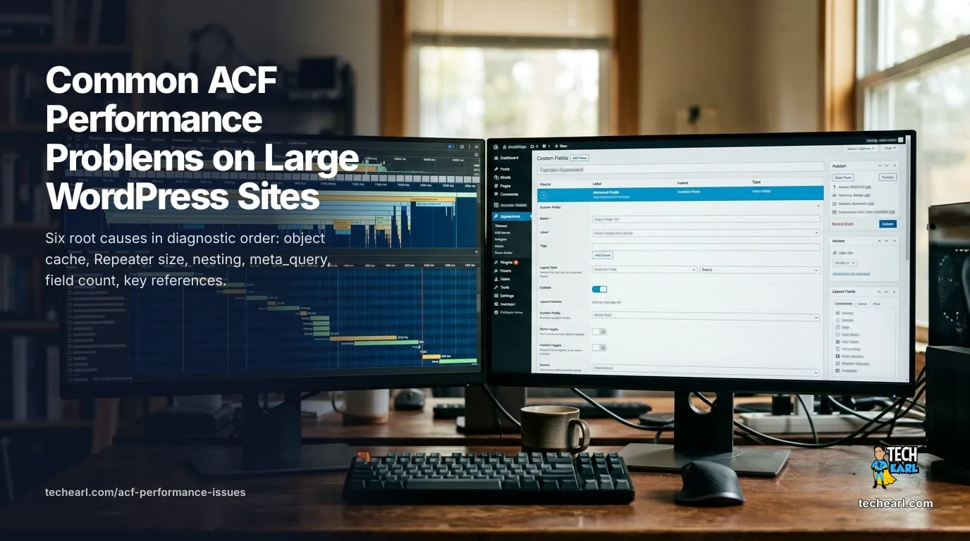 Common ACF Performance Problems on Large WordPress Sites Six root causes of ACF slowness at scale: object cache, oversized Repeaters, deep nesting, meta_query, field count, field-key overhead. Real fixes.