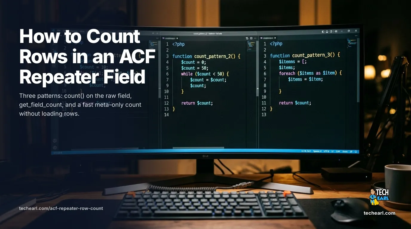 How to Count Rows in an ACF Repeater Field (3 Patterns) Three patterns for counting ACF Repeater rows: count() on the raw field, get_field_count, and a fast meta-only count without loading the rows.