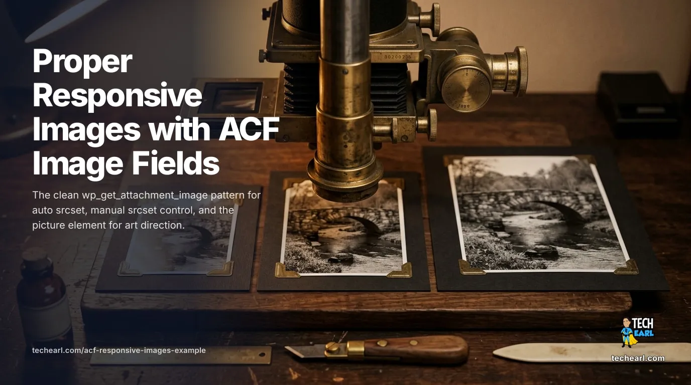 Clean responsive images from ACF Image fields. ID + wp_get_attachment_image for auto srcset, manual srcset control, picture element for art direction.