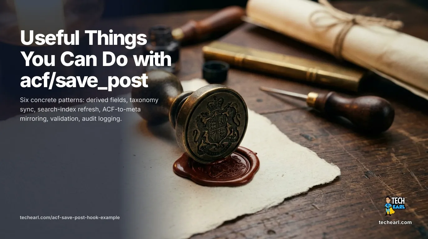Useful acf/save_post patterns: derived fields, taxonomy sync, search-index refresh, ACF-to-meta mirroring, validation, audit logging, with code examples.
