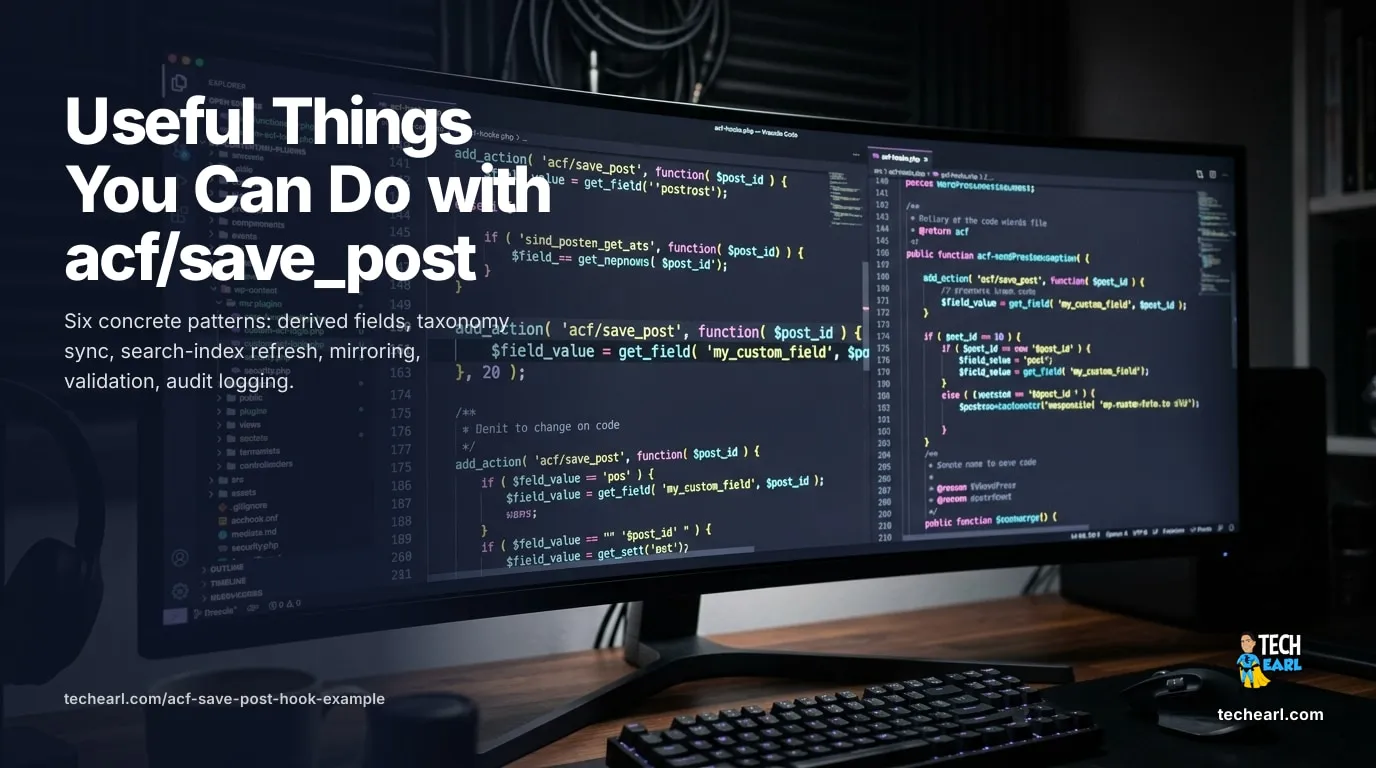 acf/save_post Hook Examples: Derived Fields, Taxonomy Sync, More Useful acf/save_post patterns: derived fields, taxonomy sync, search-index refresh, ACF-to-meta mirroring, validation, audit logging, with code examples.