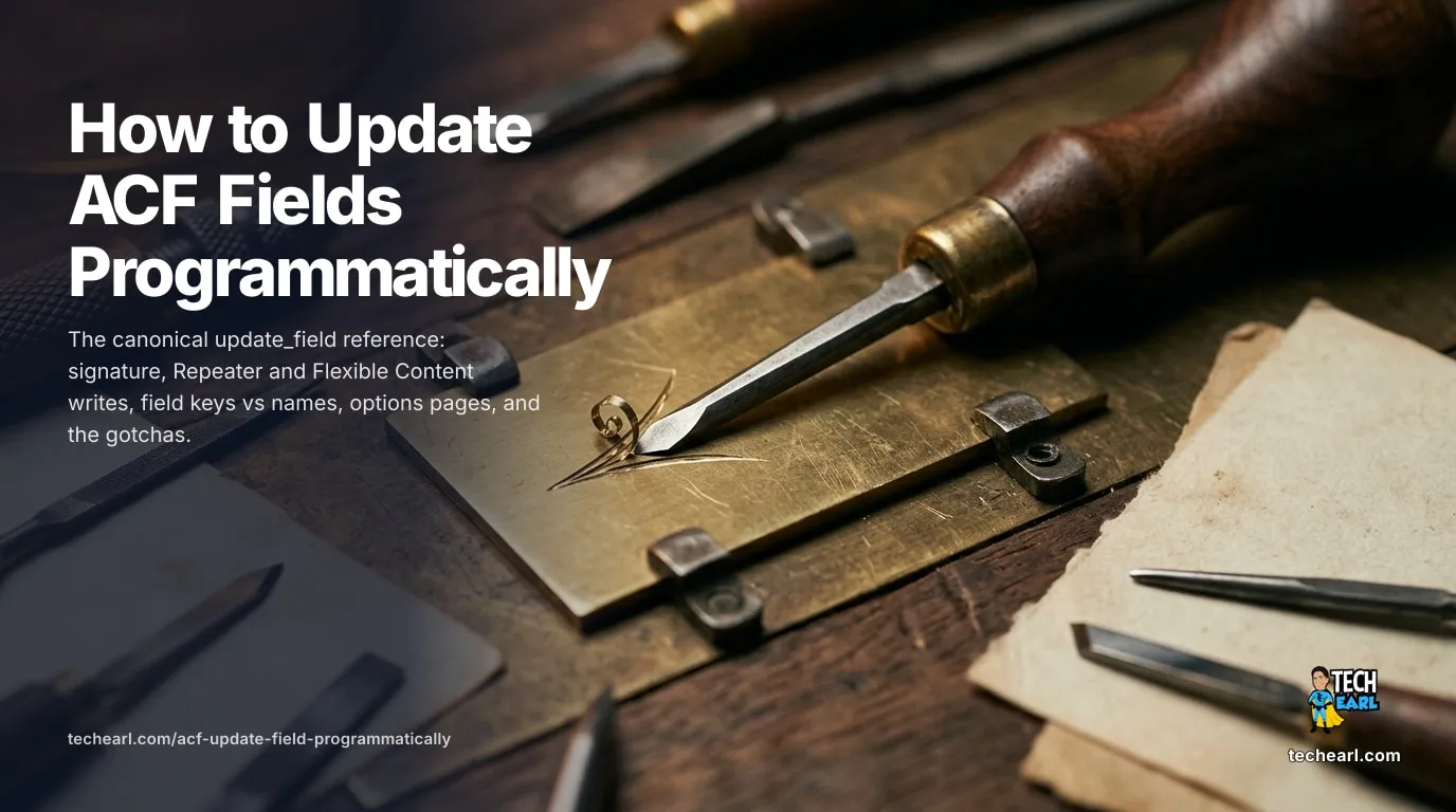 Canonical guide to update_field(): signature, Repeater and Flexible Content writes, field keys vs names, options pages, user meta, and the gotchas.