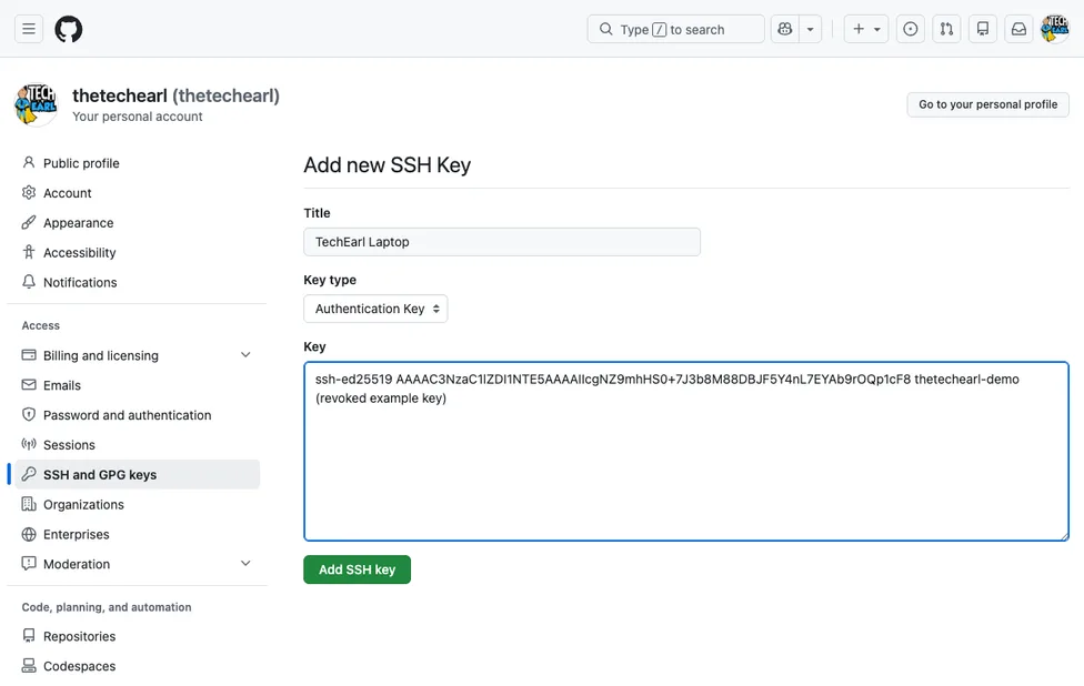 Pasting an SSH public key into GitHub's New SSH key form