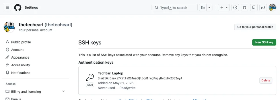 An SSH key listed in a GitHub account with its fingerprint