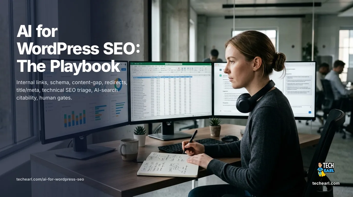 AI for WordPress SEO: The 2026 Playbook SEO-role playbook for AI on WordPress: internal links, schema, content-gap, redirects, title/meta, technical SEO, AI-search citability, what stays human.