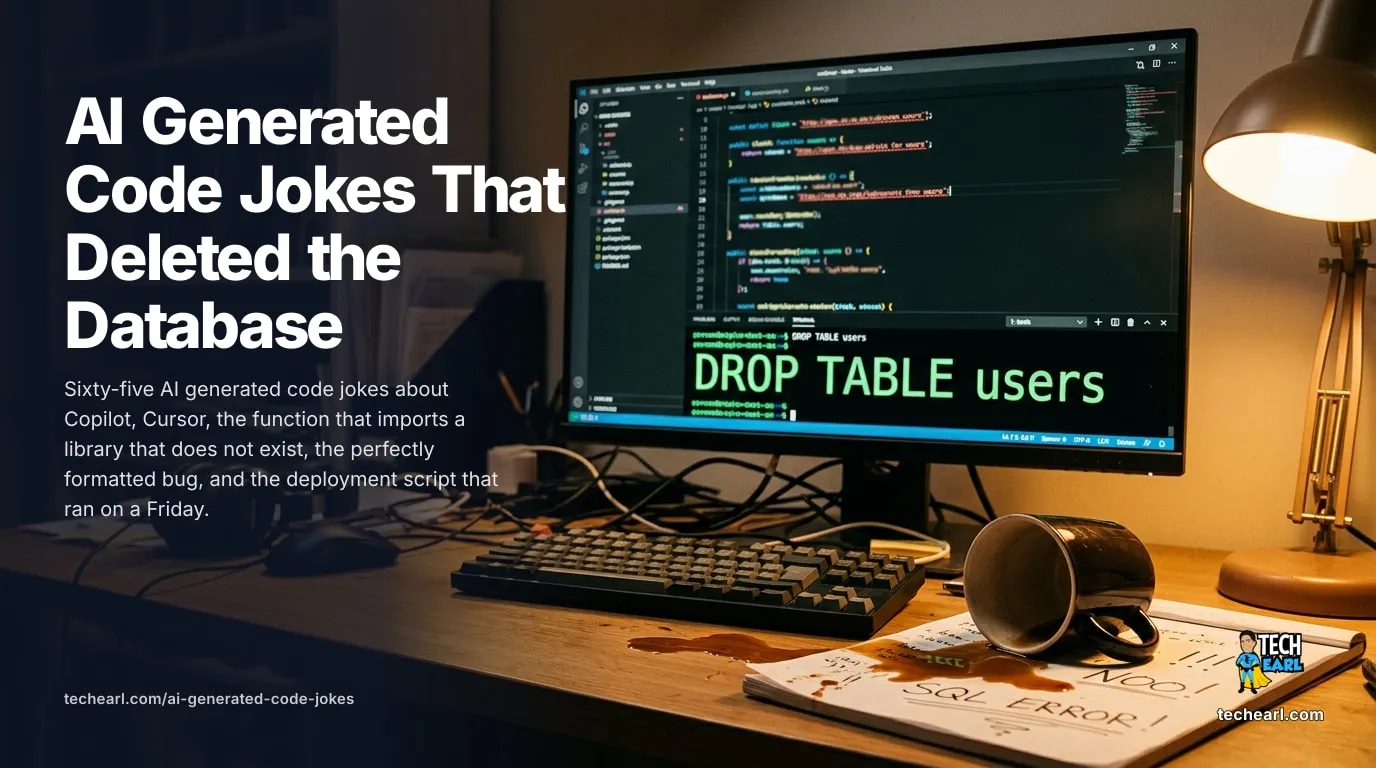 Sixty-five AI generated code jokes covering Copilot, Cursor, hallucinated imports, perfectly formatted bugs, the deployment that ran on a Friday, and the test that mocked the entire feature.