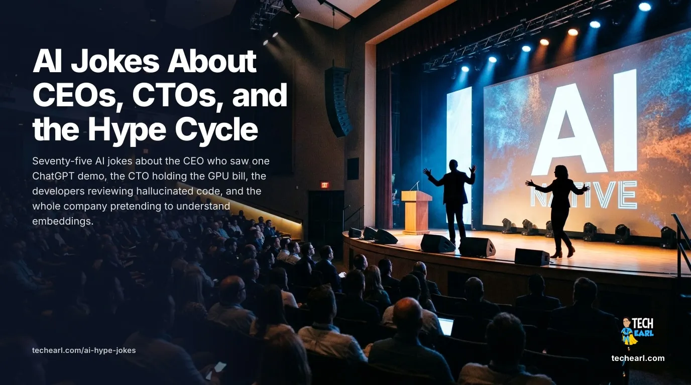 75 AI Jokes About CEOs, CTOs, and the Hype Cycle Seventy-five AI jokes about CEOs after one ChatGPT demo, CTOs holding the GPU bill, developers reviewing hallucinated code, prompt engineers, AI ethics meetings, and corporate AI hype.