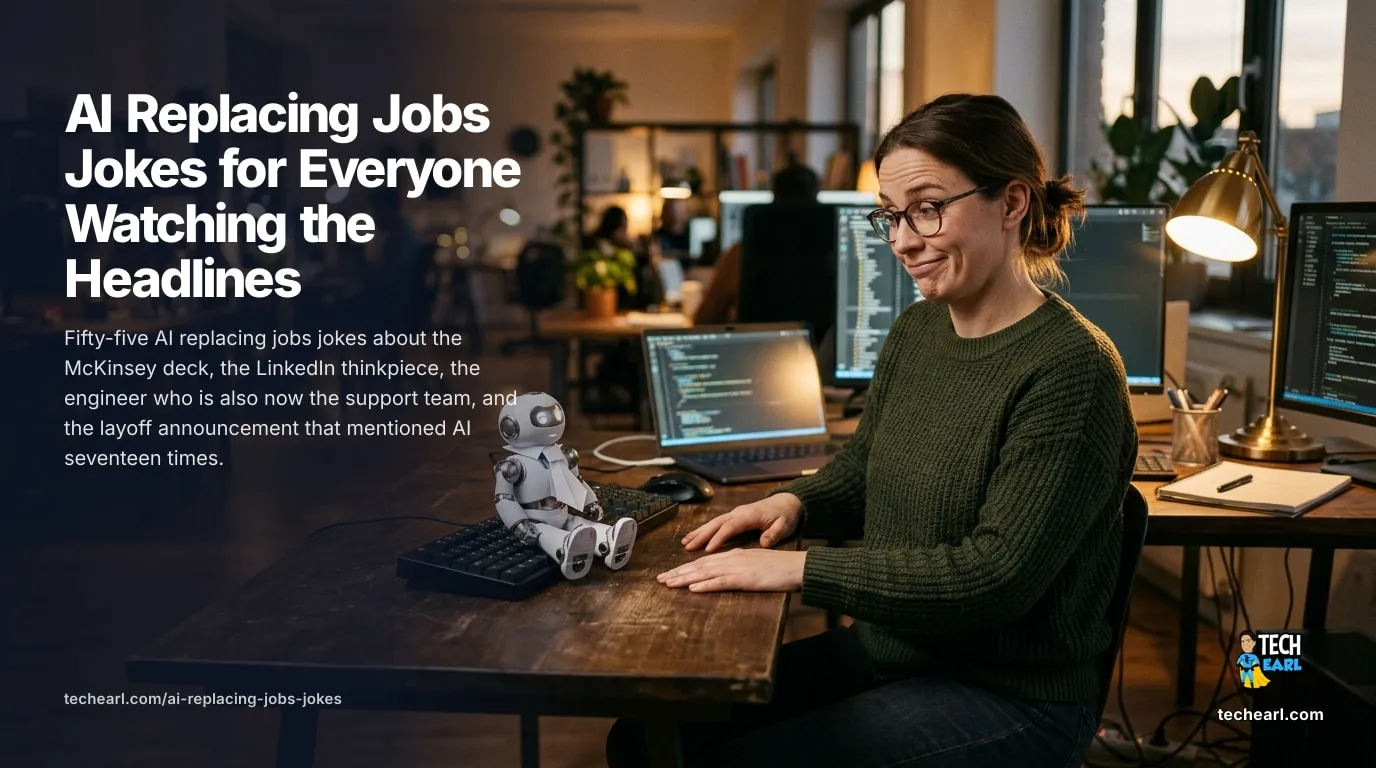 Fifty-five AI replacing jobs jokes covering McKinsey decks, LinkedIn thinkpieces, layoff announcements, the engineer doing the support job, and the jobs that AI did not replace.