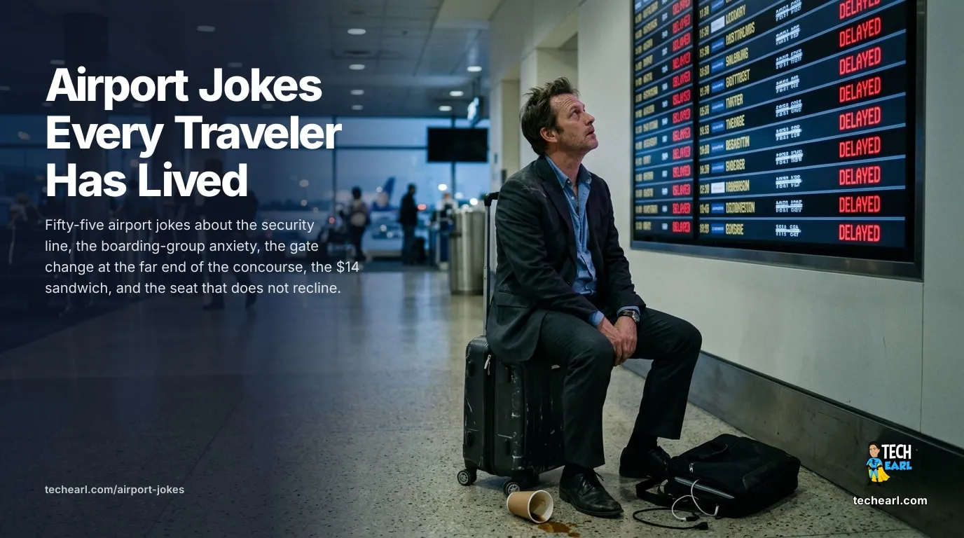 Fifty-five airport jokes about the security line, the boarding-group anxiety, gate changes, the $14 sandwich, and the seat that does not recline.