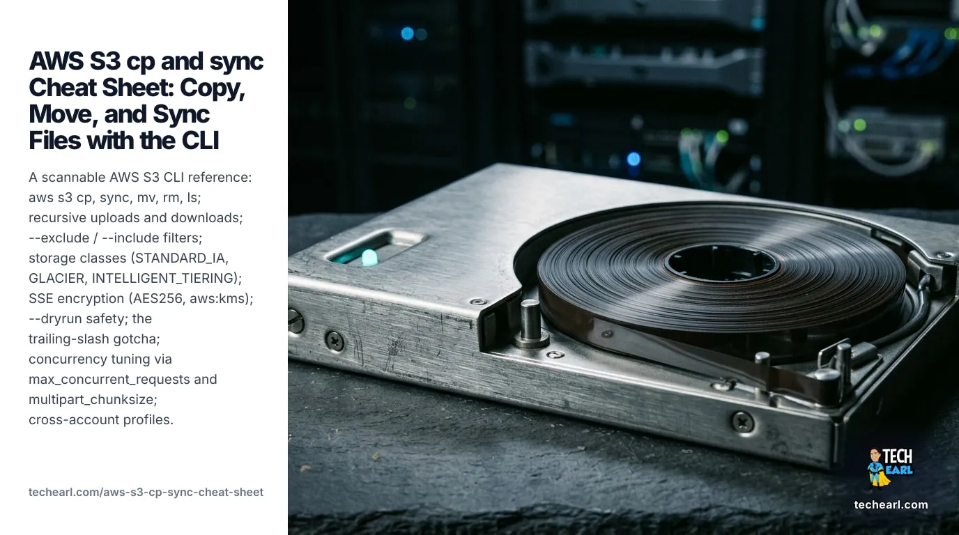 AWS S3 cp and sync Cheat Sheet: Copy, Move, and Sync Files with the CLI AWS S3 CLI cheat sheet: aws s3 cp local-to-S3, S3-to-local, S3-to-S3 cross-region; aws s3 sync incremental with --delete; --exclude and --include patterns; --storage-class STANDARD_IA / INTELLIGENT_TIERING / GLACIER; --sse AES256 and --sse aws:kms; --acl bucket-owner-full-control; --dryrun for safety; concurrency tuning with max_concurrent_requests and multipart_chunksize; the trailing-slash gotcha that ruins half of all aws s3 cp invocations.