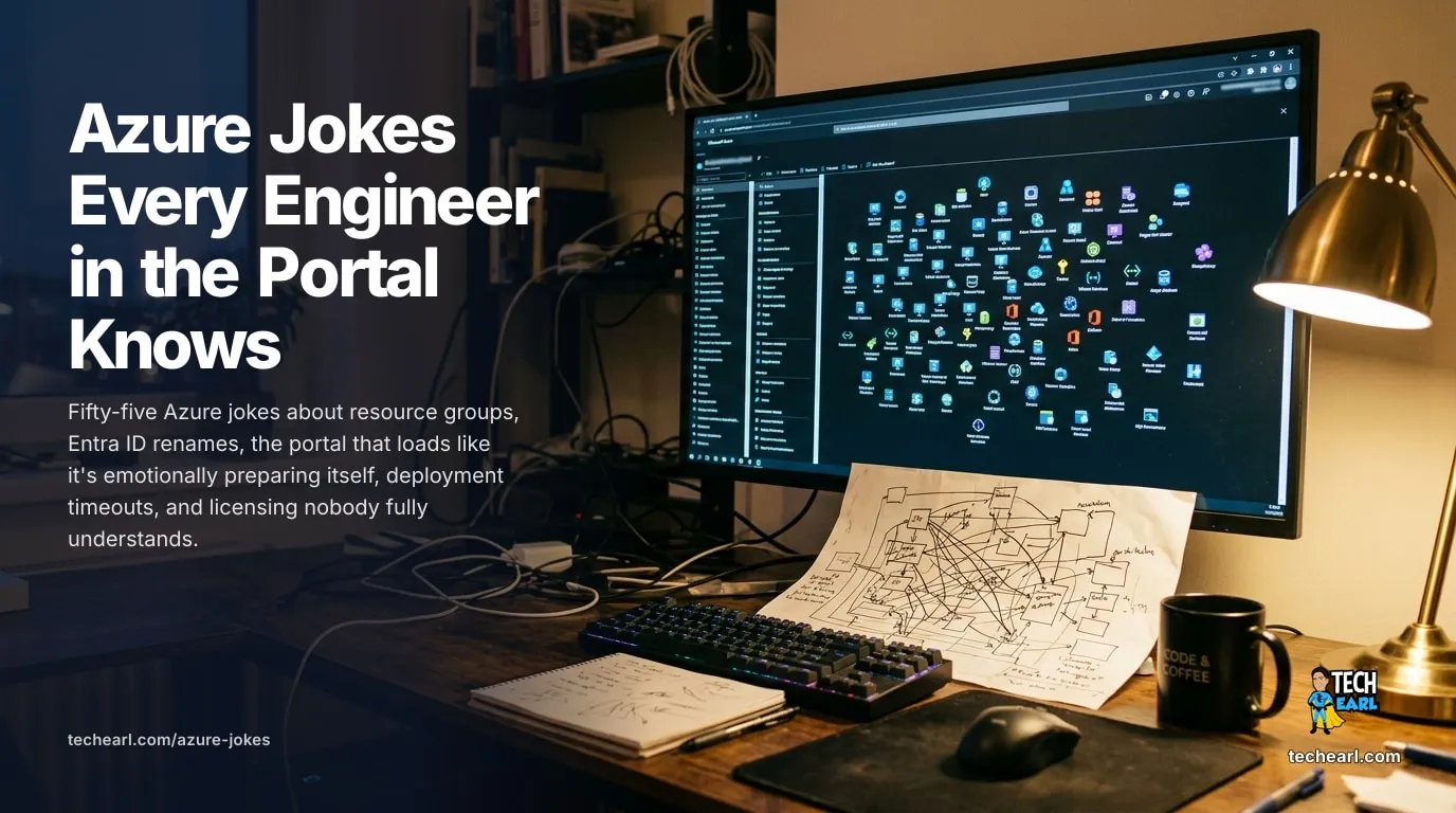 Fifty-five Azure jokes covering resource groups, Entra ID renames, the portal that loads slowly, deployment timeouts, role assignments, and the licensing nobody understands.