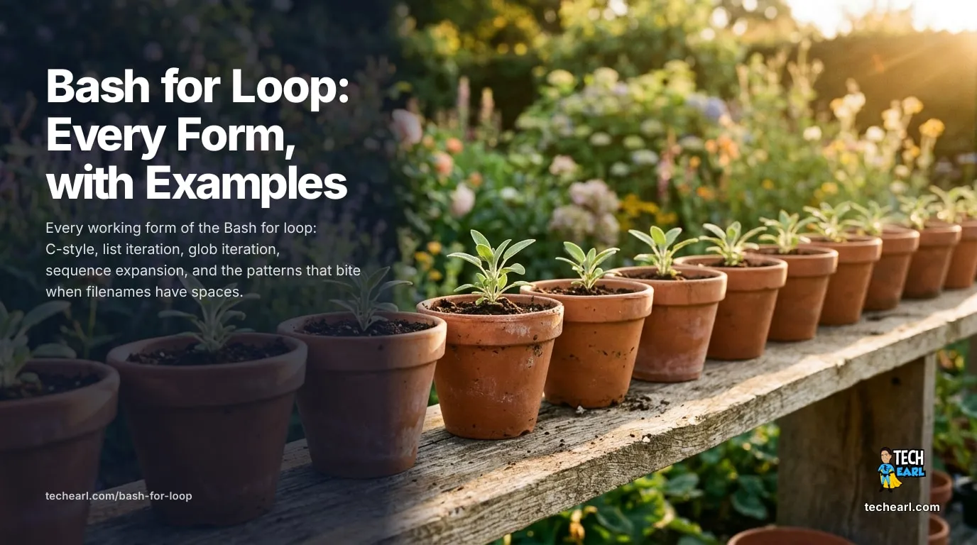 Bash For Loops: Syntax, Examples, and One-Liners (2026) Bash for loop reference: brace-range {1..10}, sequence (seq), array, glob, C-style, nested, parallel with xargs. Plus safe file iteration with find -print0, globbing pitfalls, and macOS Bash 3.2 vs Linux Bash 4+ differences.