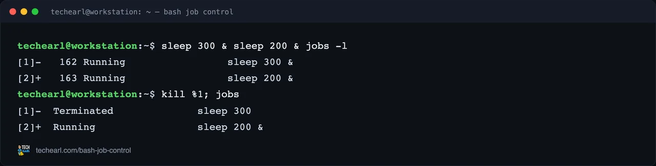 Terminal backgrounding two sleep commands, listing them with jobs -l showing PIDs, then killing job 1 by its %1 job spec and re-listing