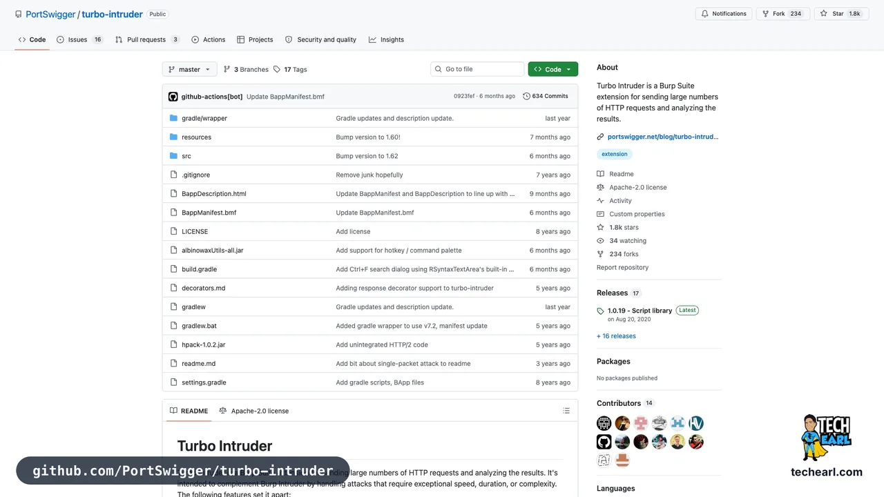 portswigger.net/burp, the Burp Suite product page; Turbo Intruder is the high-rate request extension used for single-endpoint stress in authorised pentests