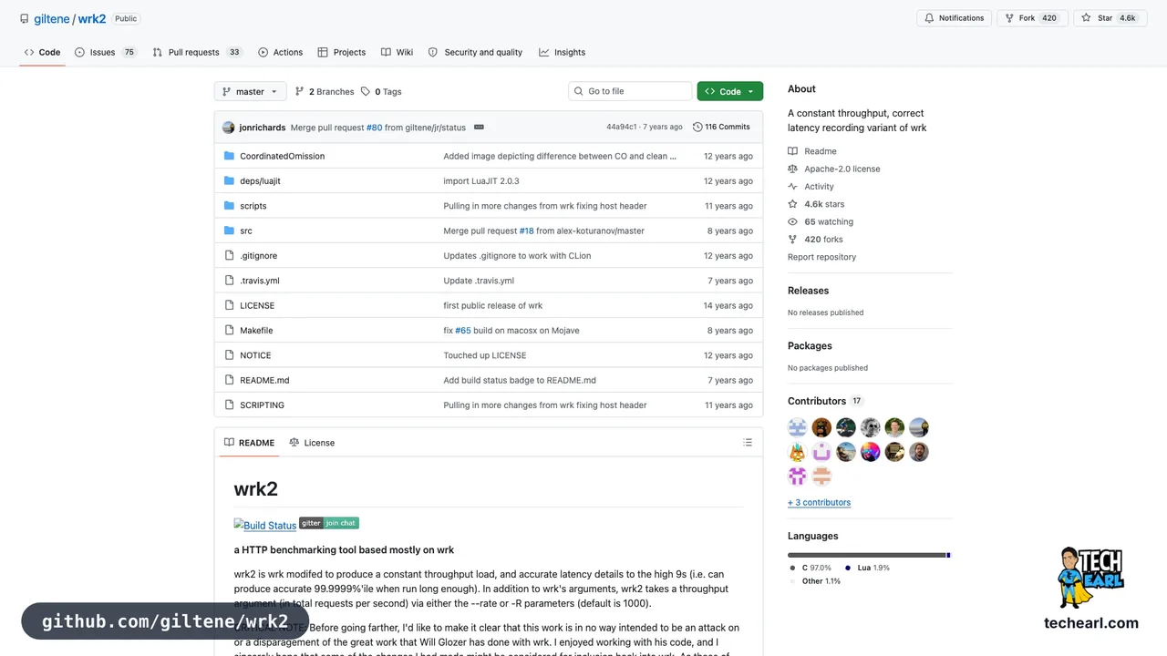 github.com/giltene/wrk2, the GitHub repository for wrk2, an HTTP benchmarking tool with corrected latency measurement