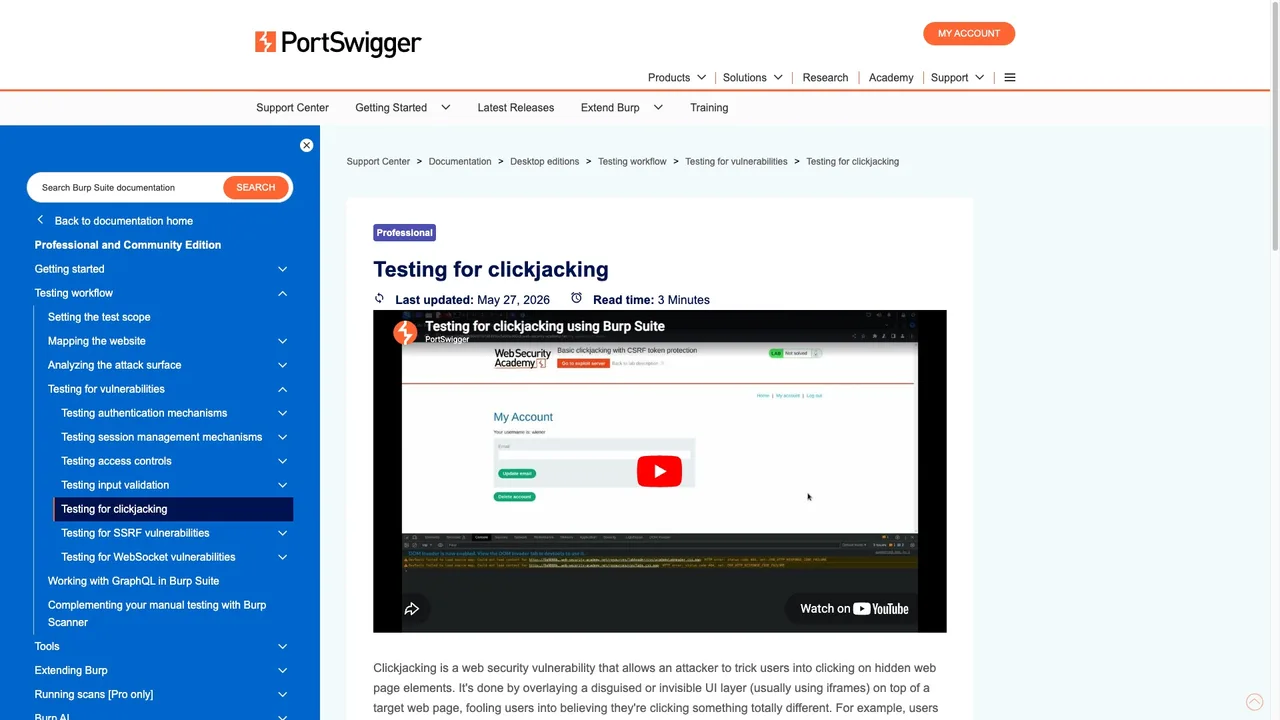 PortSwigger documentation page for Burp Suite Engagement tools, Generate clickjacking PoC