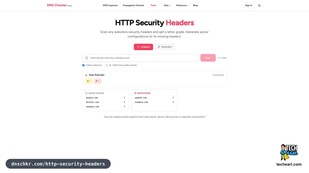 dnschkr.com HTTP Security Headers, a hosted graded analysis of HSTS, CSP, X-Frame-Options, and the rest of the defensive header set