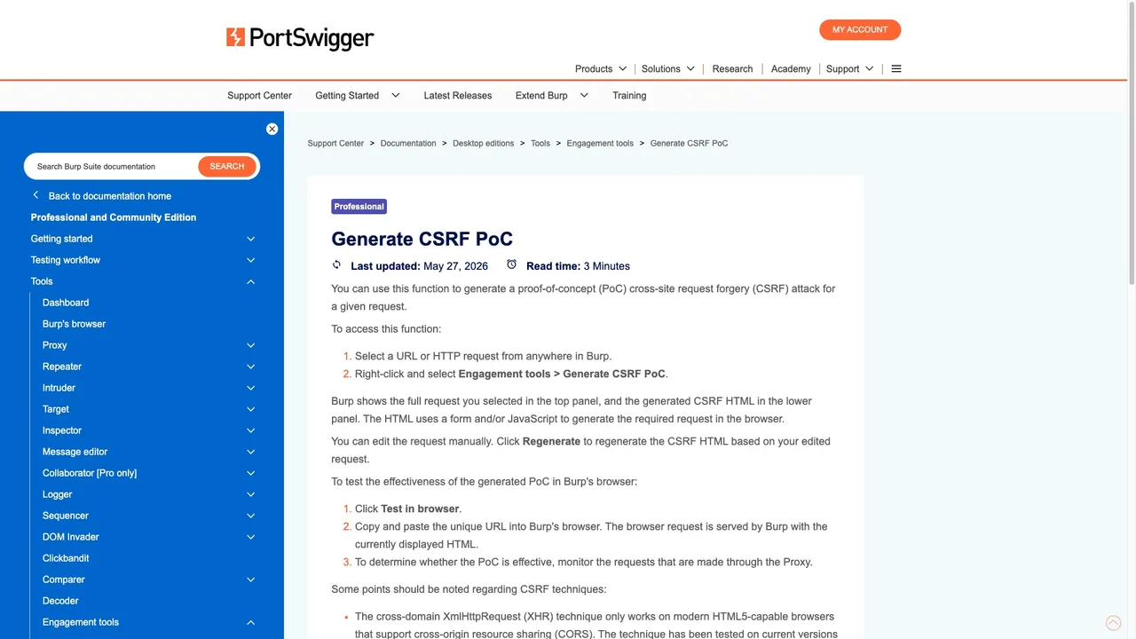Burp Suite Professional Engagement tools menu showing the Generate CSRF PoC option on a captured request