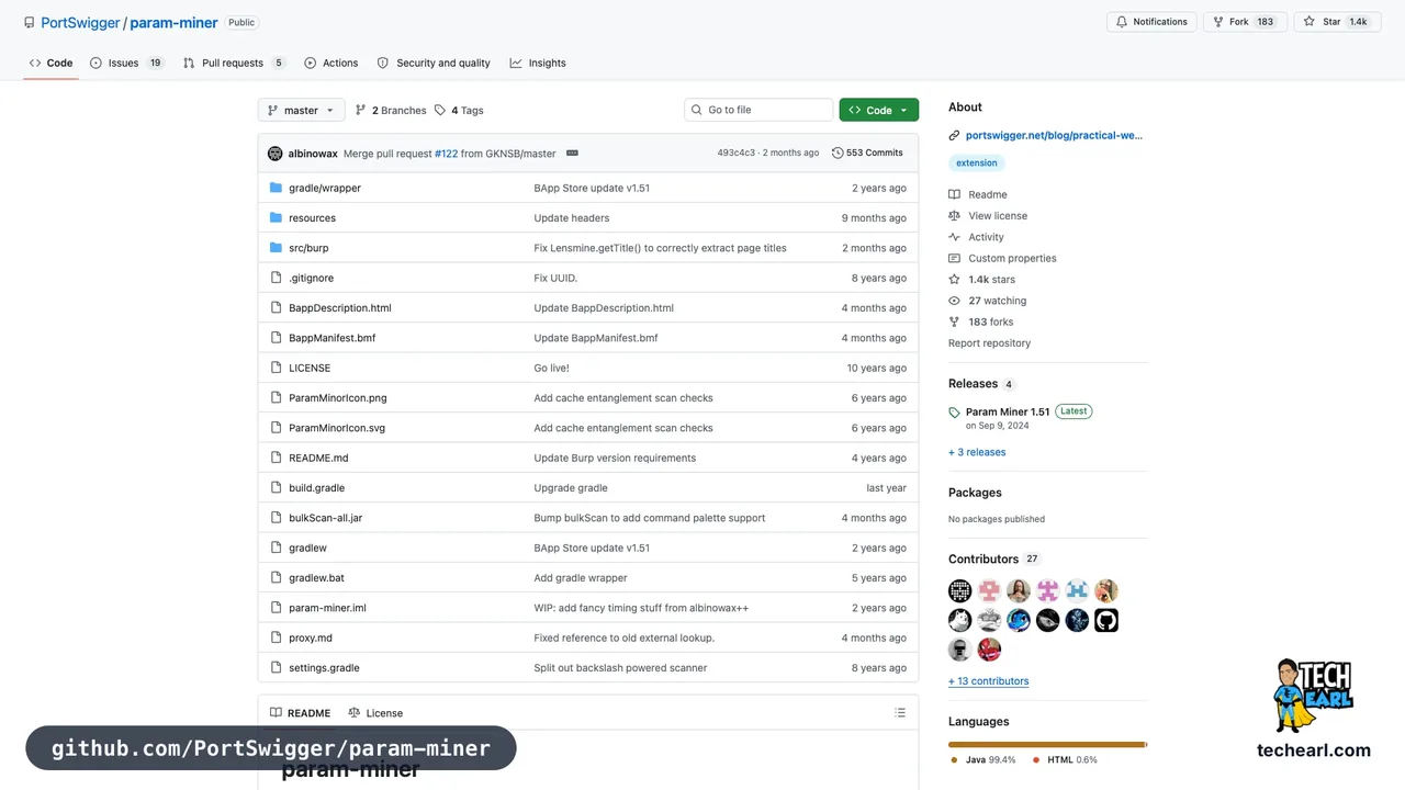 github.com/PortSwigger/param-miner, the GitHub repository for Param Miner, a Burp Suite extension that discovers hidden HTTP parameters