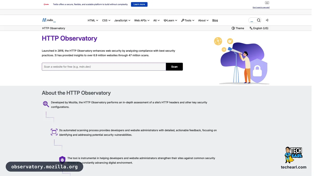 observatory.mozilla.org showing a security headers scan with CSP, X-Frame-Options, and cookie SameSite results