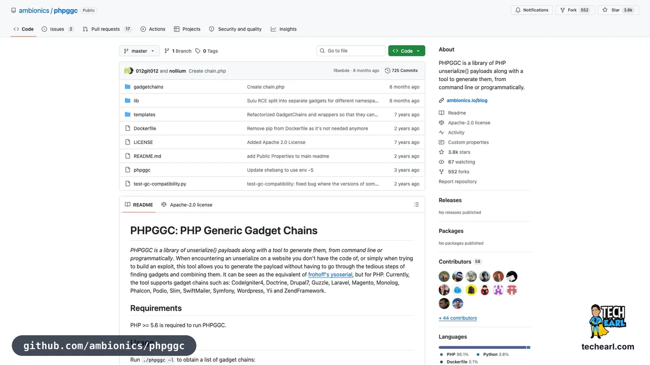 github.com/ambionics/phpggc, the GitHub repository for PHPGGC, the PHP unserialize gadget chain generator
