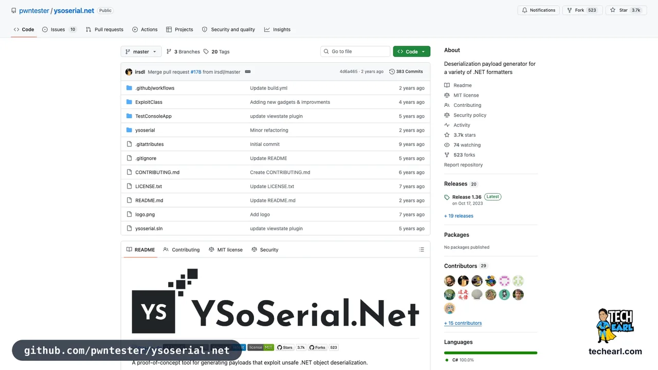 github.com/pwntester/ysoserial.net, the GitHub repository for ysoserial.net, the .NET deserialization payload generator