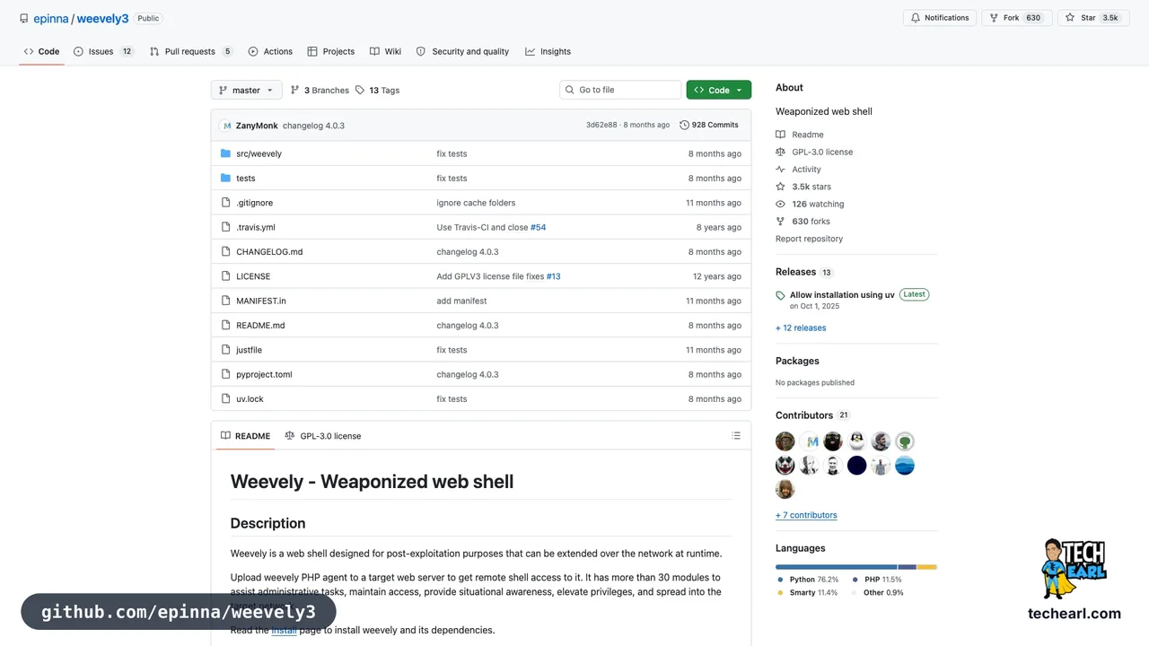 github.com/epinna/weevely3, the GitHub repository for weevely, a stealth PHP webshell generator with a built-in client