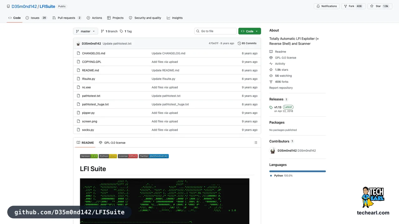 github.com/D35m0nd142/LFISuite, the GitHub repository for LFISuite, a multi-technique LFI exploiter covering PHP wrappers, log poisoning, and RFI
