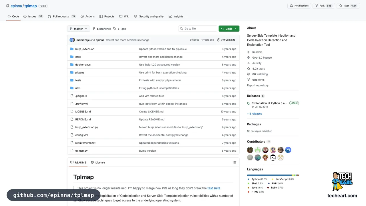 github.com/epinna/tplmap, the GitHub repository for tplmap, the original SSTI exploitation tool