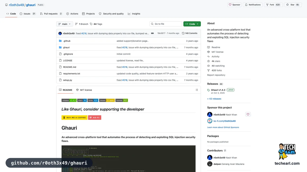 github.com/r0oth3x49/ghauri, the GitHub repository for ghauri, a fast SQL injection automation tool that often beats sqlmap on blind extractions