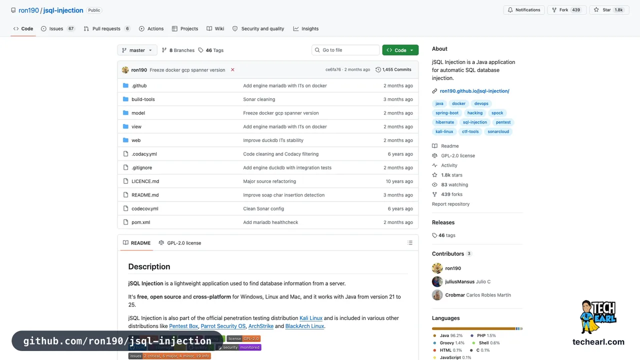 github.com/ron190/jsql-injection, the GitHub repository for jSQL Injection, a Java-based GUI SQL injection automation tool