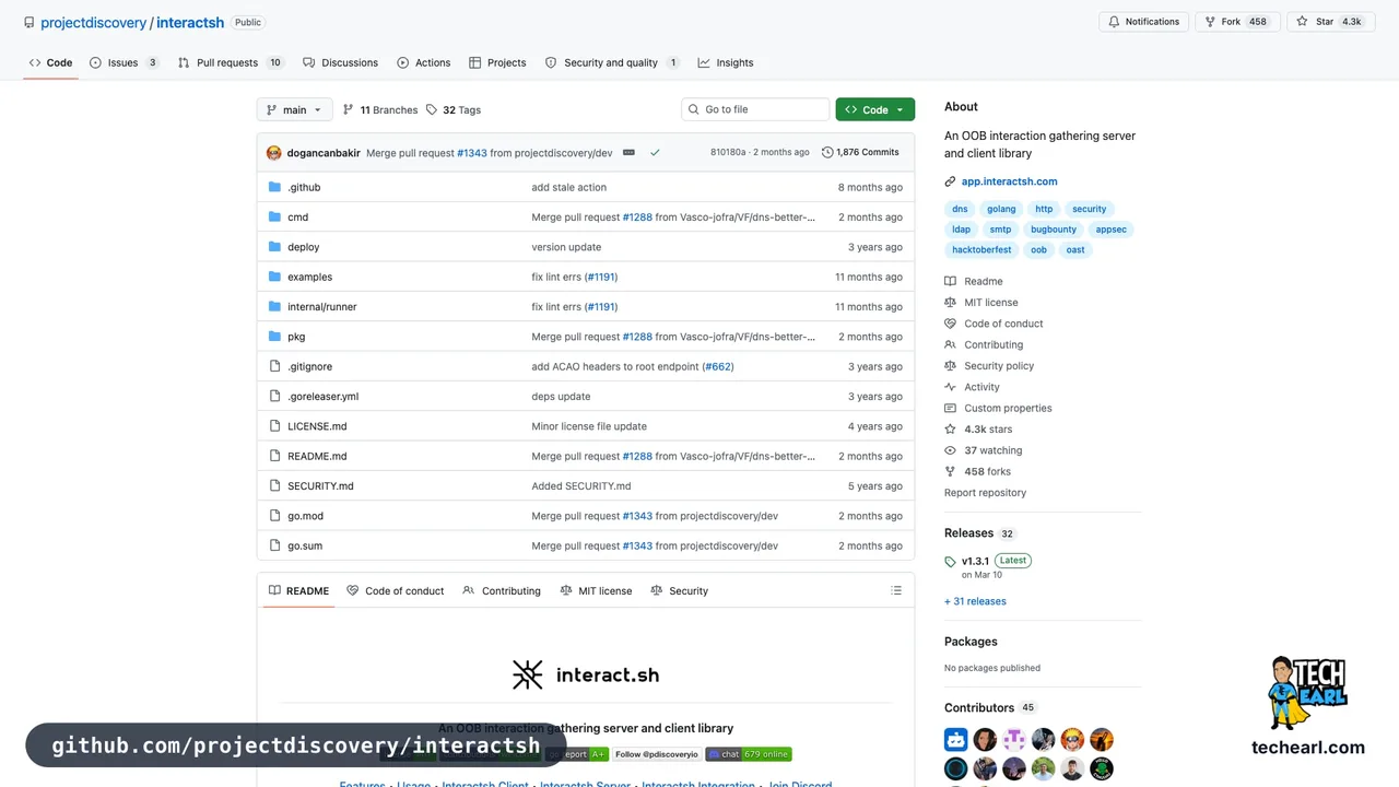 github.com/projectdiscovery/interactsh, the GitHub repository for interactsh, the open-source out-of-band callback server
