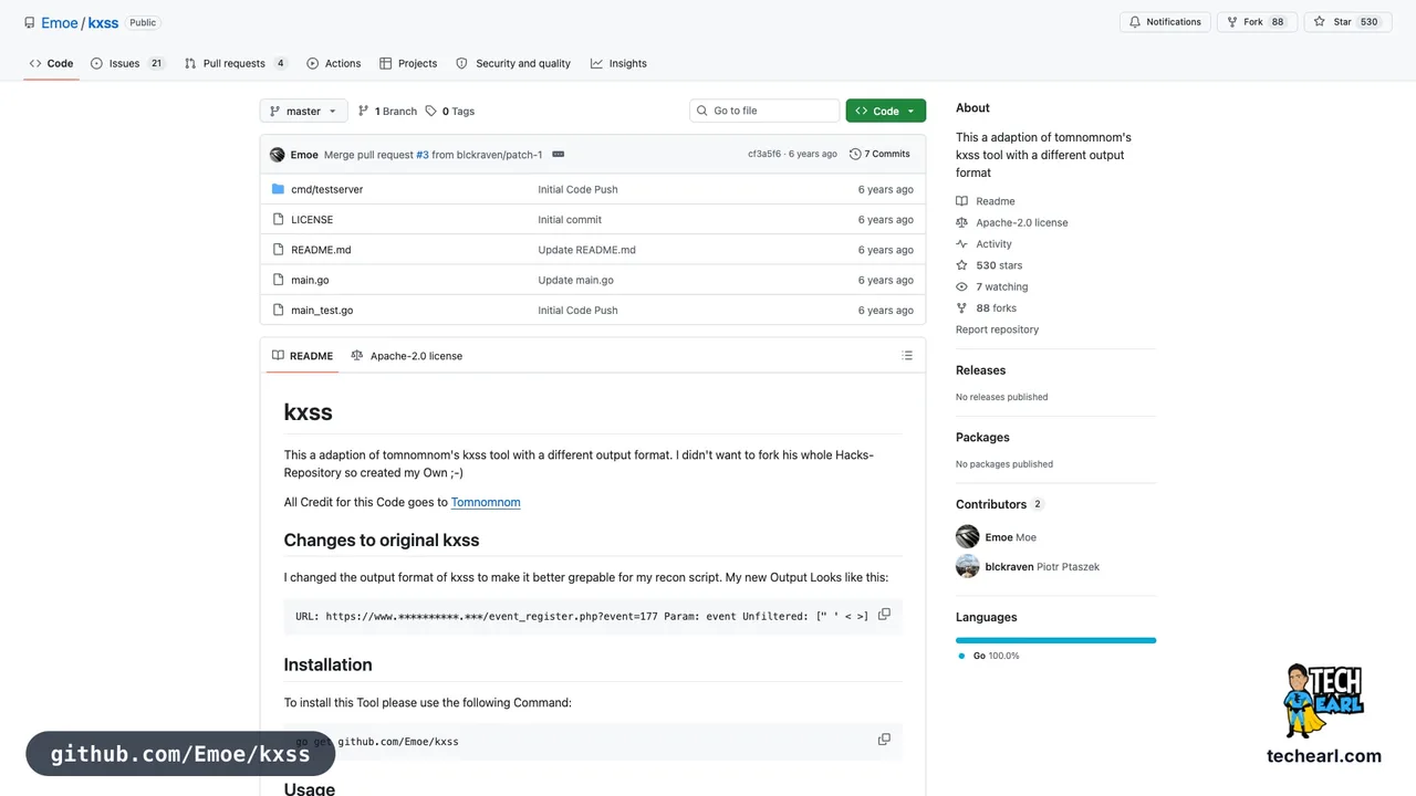 github.com/Emoe/kxss, the GitHub repository for kxss, a quick reflection-detection tool used in bug-bounty pipelines