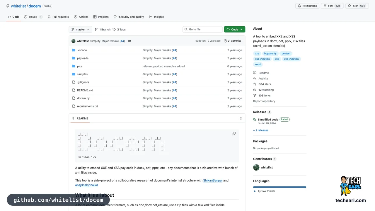 github.com/whitel1st/docem, the GitHub repository for docem, a DOC and XML file payload generator and CLI alternative to oxml_xxe