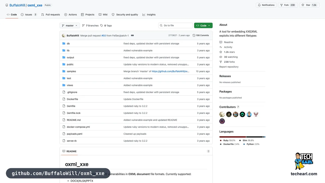 github.com/BuffaloWill/oxml_xxe, the GitHub repository for oxml_xxe, the Office-file XXE payload builder for docx, xlsx, pptx, SVG, KML, and PDF carriers