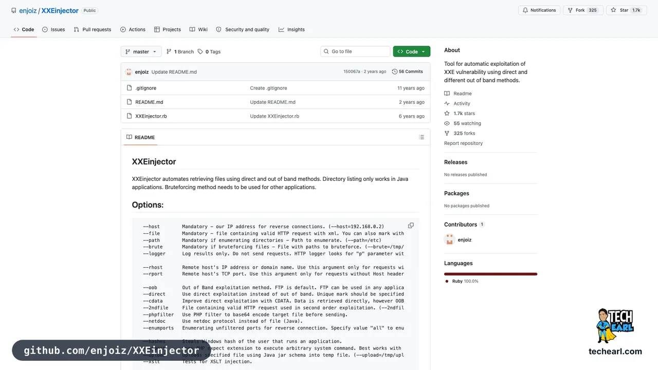 github.com/enjoiz/XXEinjector, the GitHub repository for XXEinjector, the canonical Ruby-based XXE automation tool