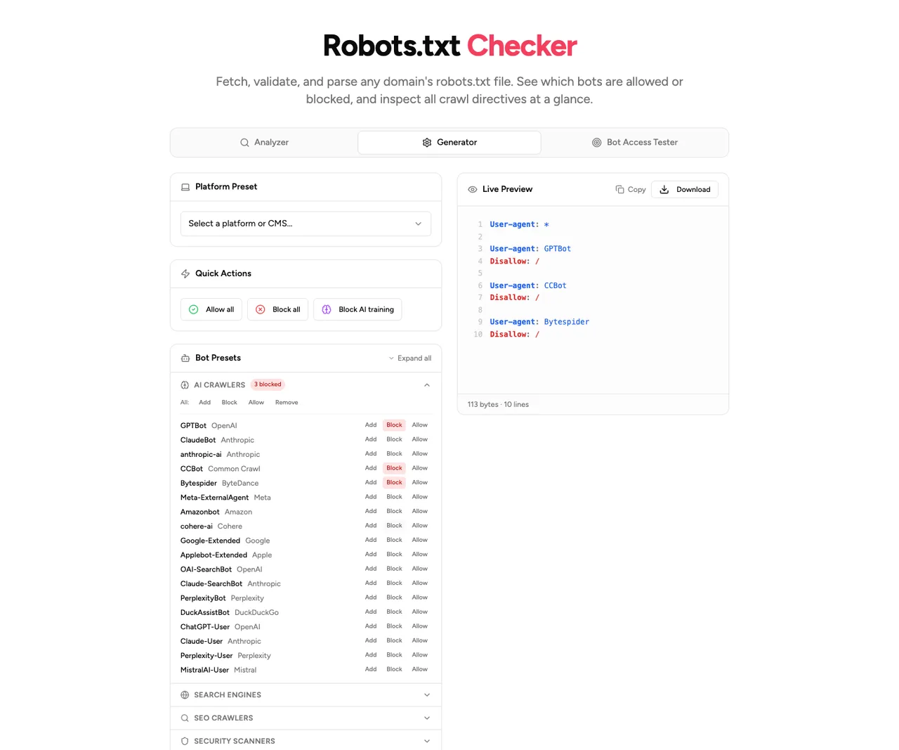 The DNS Checker robots.txt tool on the Generator tab, with the AI Crawlers preset expanded and Block selected for GPTBot, CCBot, and Bytespider. The live preview on the right shows the generated robots.txt with User-agent and Disallow lines for each blocked bot.