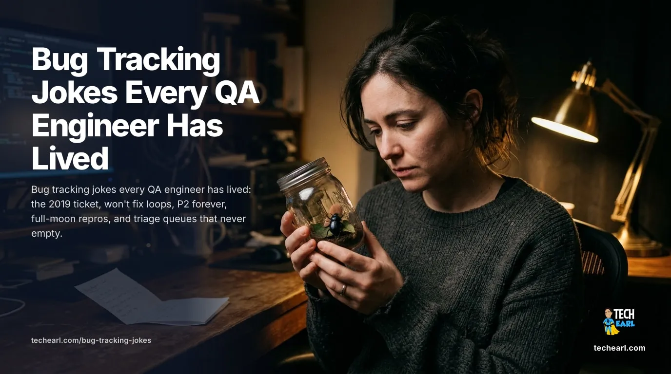 Bug tracking humor about the 2019 ticket still open, won't fix loops, P2 priority drift, full-moon reproducers, and Jira triage queues that never empty.