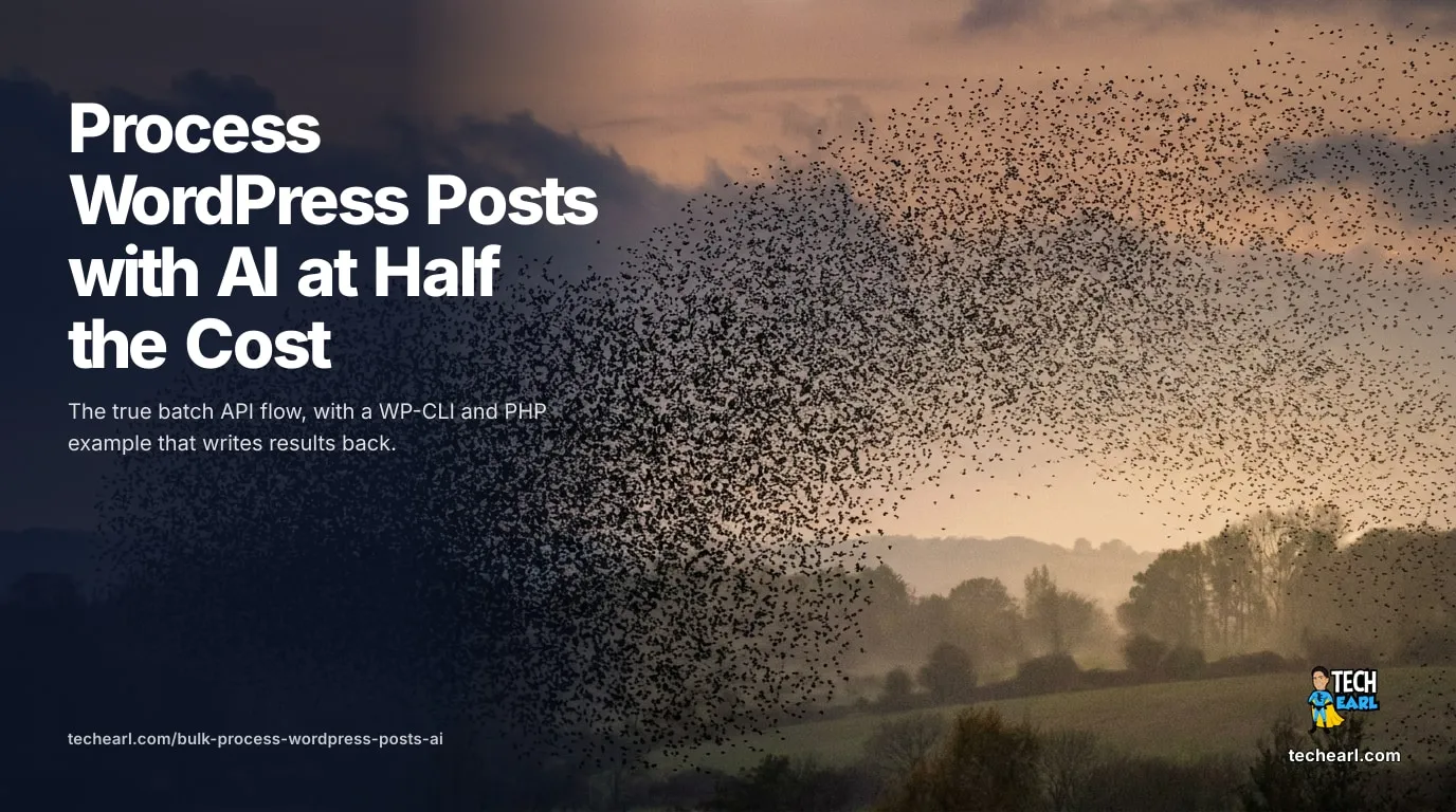 Enriching thousands of WordPress posts with AI one at a time burns money. The true batch API flow, 50% cheaper, with a WP-CLI and PHP example that writes results back.