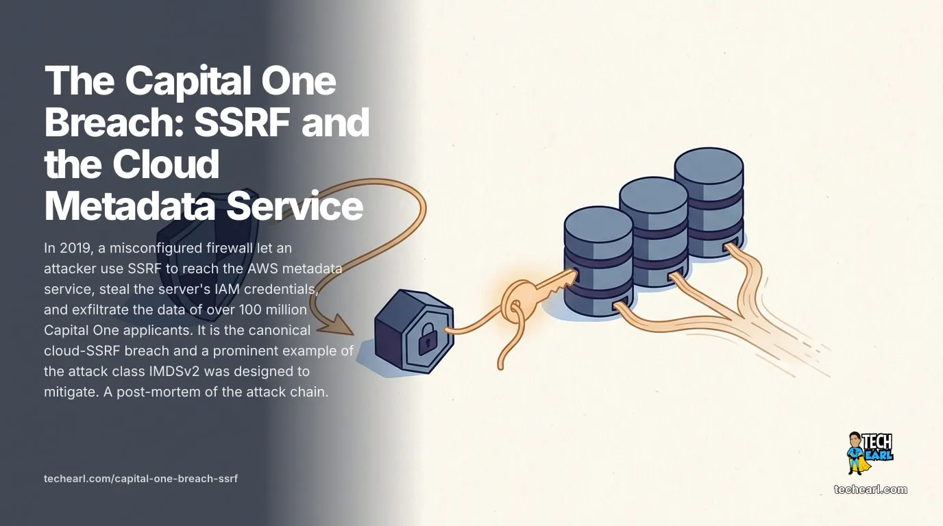 Capital One Breach: SSRF and the AWS Metadata Service How the 2019 Capital One breach used SSRF to reach the AWS EC2 metadata service, steal IAM credentials, and exfiltrate 100M+ records. Why IMDSv2 exists.