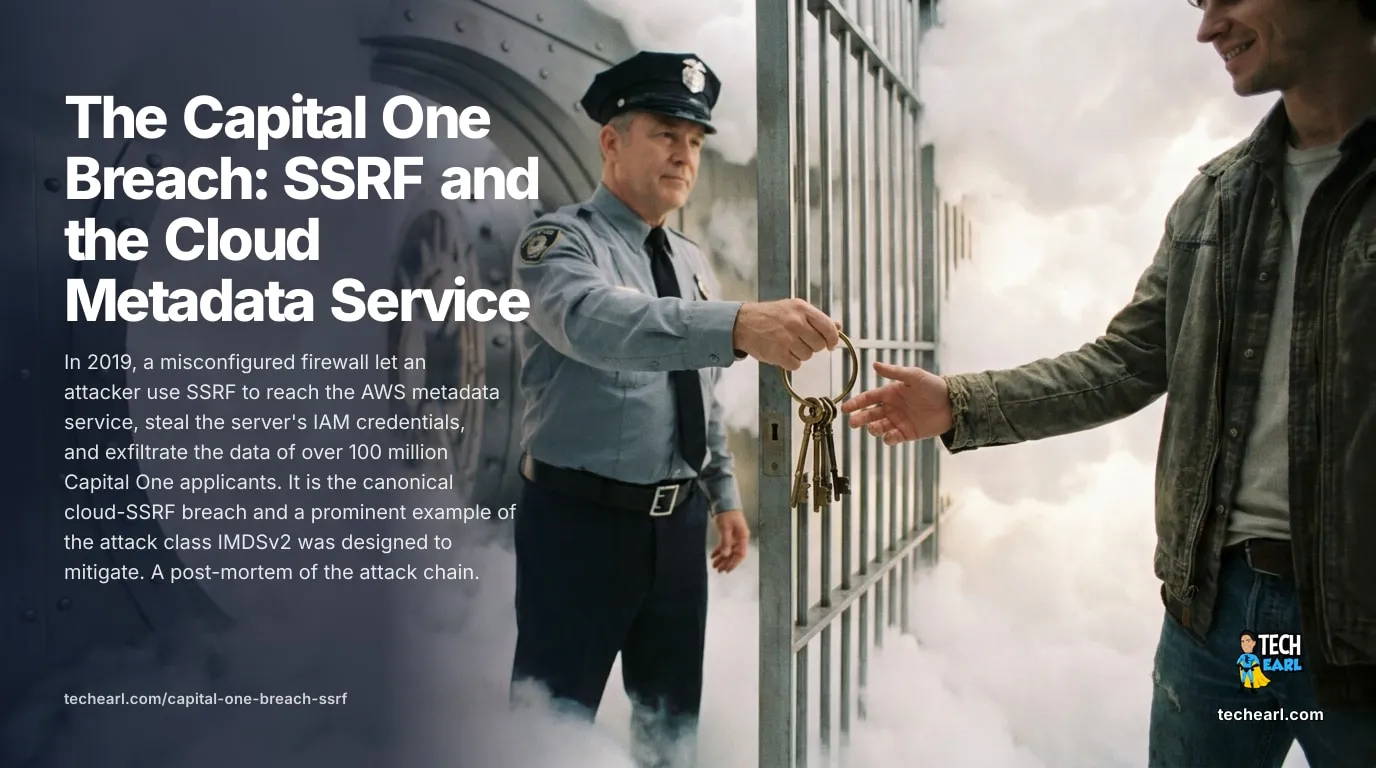 Capital One Breach: SSRF and the AWS Metadata Service How the 2019 Capital One breach used SSRF to reach the AWS EC2 metadata service, steal IAM credentials, and exfiltrate 100M+ records. Why IMDSv2 exists.