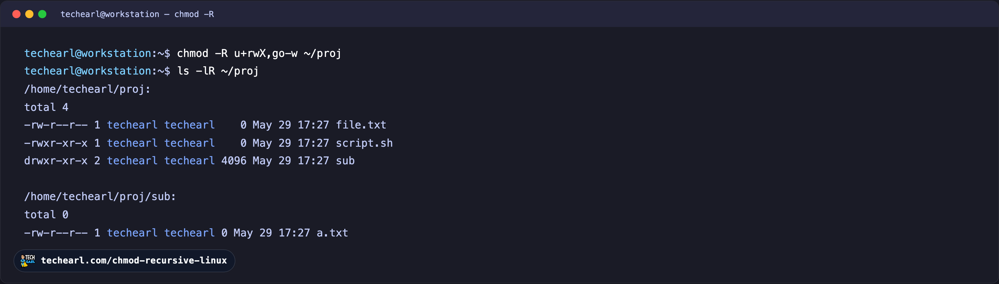 Recursive chmod with the capital-X mode Terminal showing chmod -R u+rwX,go-w on a project directory, then ls -lR confirming the directory keeps execute while regular files do not gain it.