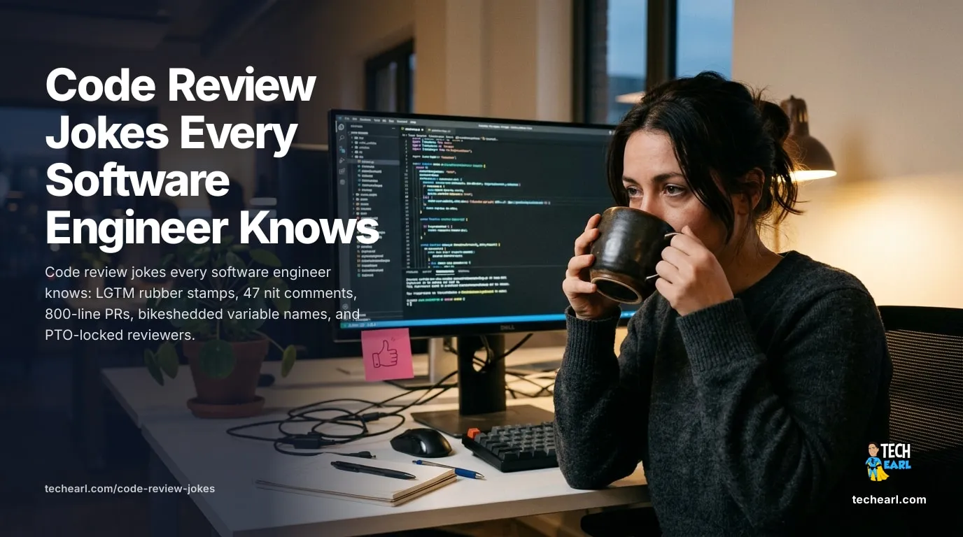 Code Review and Git Jokes: Nitpicks, Merge Conflicts, and LGTM Code review humor about LGTM rubber stamps, 47 nit comments, 800-line PRs, bikeshedded variable names, force-push comment loss, and reviewers stuck on PTO.