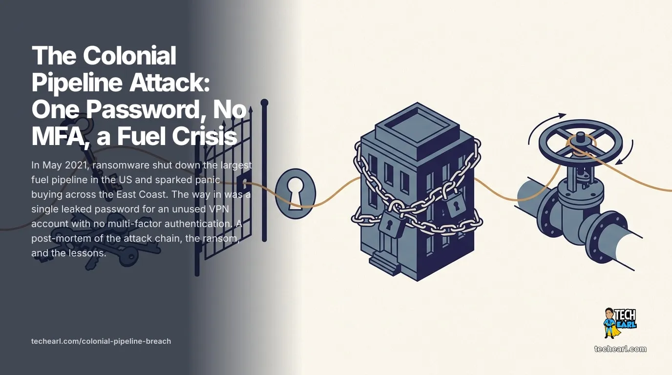 Colonial Pipeline Attack: One Password, No MFA Explained How the 2021 Colonial Pipeline ransomware attack started with a single leaked VPN password and no MFA, caused a fuel crisis, and what it teaches about access.