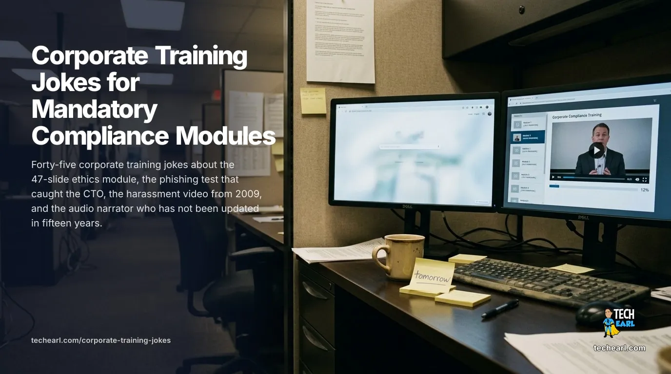 Forty-five corporate training jokes about the 47-slide ethics module, the phishing test that caught the CTO, the harassment video from 2009, and the LMS that times out at slide 38.