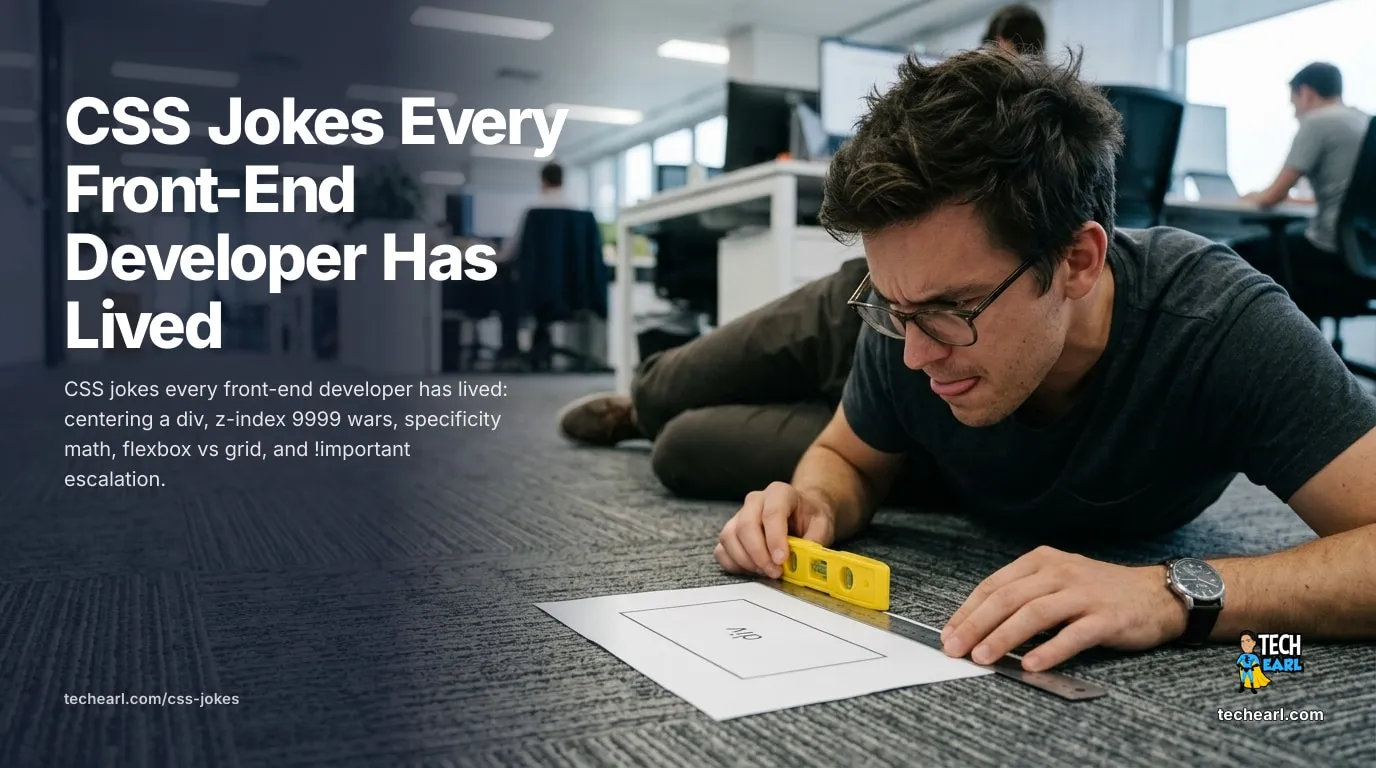 55 CSS Jokes Every Front-End Developer Has Lived CSS humor covering nine ways to center a div, z-index 9999 wars, specificity math, flexbox versus grid fights, !important escalation, and margin collapse.