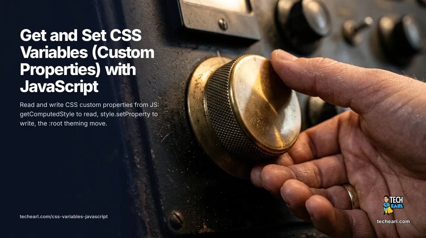 Read and write CSS custom properties from JavaScript with getComputedStyle().getPropertyValue() and style.setProperty(), set them globally on :root, and re-theme a page from one variable.