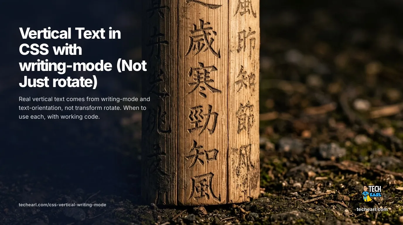 Vertical Text in CSS with writing-mode Turn text vertical in CSS with writing-mode: vertical-rl and text-orientation, the layout-aware alternative to transform: rotate(90deg) for sideways labels, book-spine titles, and CJK.